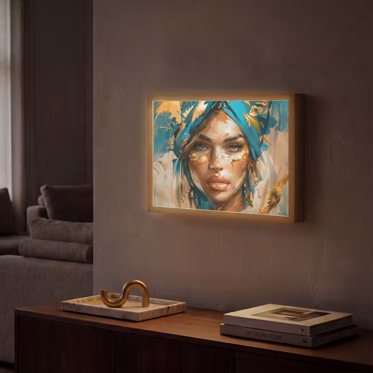 Vrouw - Portret - Goud - Luxe - Blauw Light Box met batterij (Wandlamp) middel -sfeer1