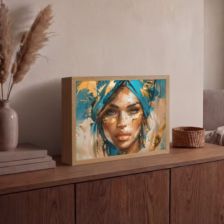 Vrouw - Portret - Goud - Luxe - Blauw Light Box met batterij (Wandlamp) middel -sfeer2
