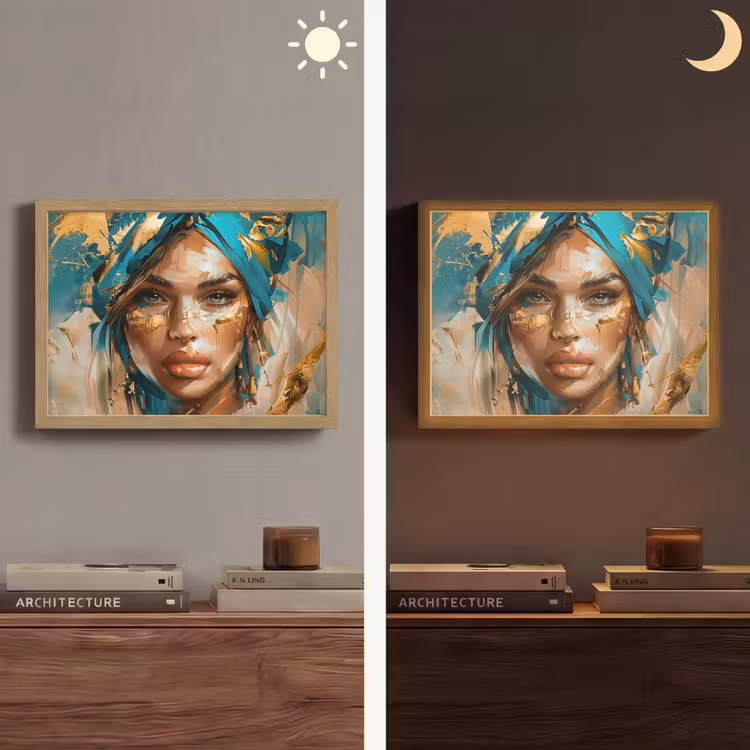 Vrouw - Portret - Goud - Luxe - Blauw Light Box met batterij (Wandlamp) middel -sfeer3