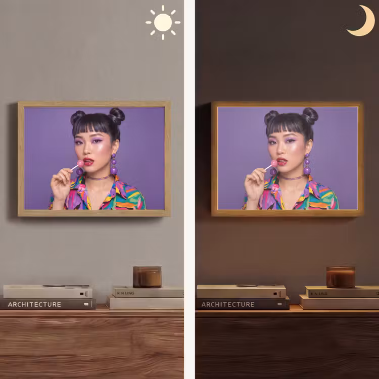 Vrouw - Portret - Make-up - Paars - Levendig Light Box met batterij (Wandlamp) middel -sfeer3