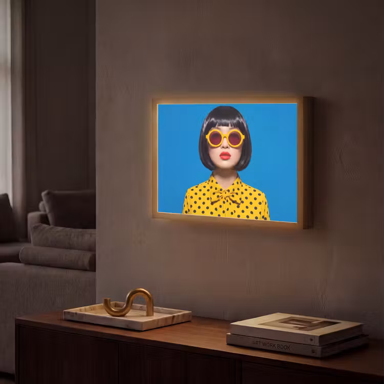 Vrouw - Zonnebril - Pop Art - Portret - Geel Light Box met batterij (Wandlamp) middel -sfeer1
