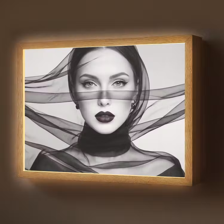 Vrouw - Sluier - Portret - Zwart - Wit - Elegant Light Box met batterij (Wandlamp) middel -z3d_website