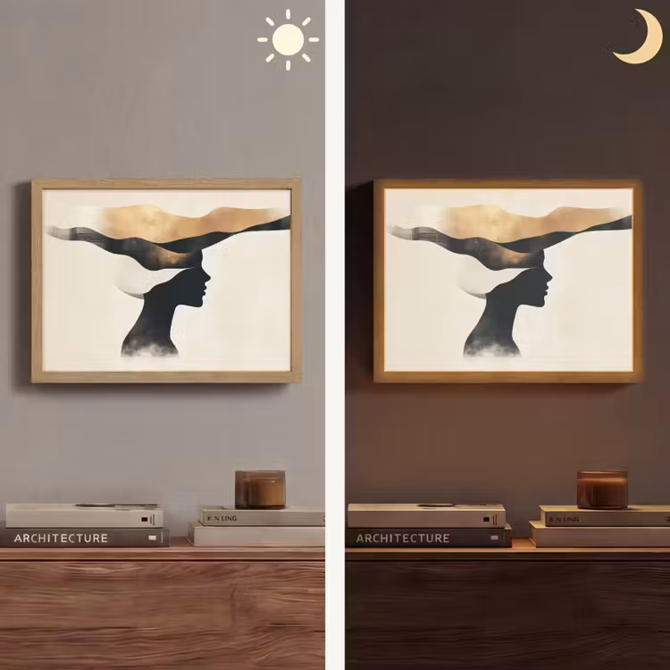 Vrouw - Golven - Zwart Light Box met batterij (Wandlamp) middel -sfeer3