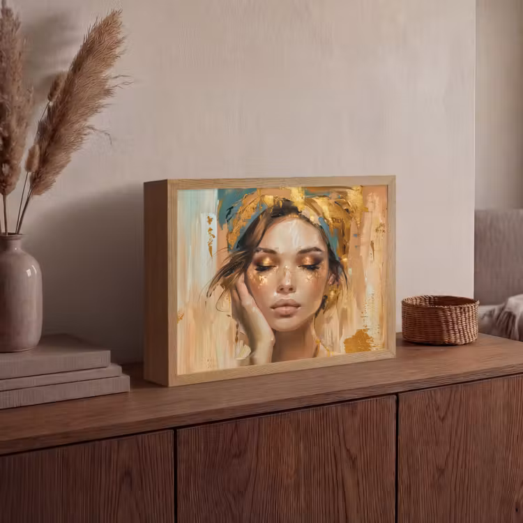 Vrouwen - Portret - Luxe - Goud Light Box met batterij (Wandlamp) middel -sfeer2