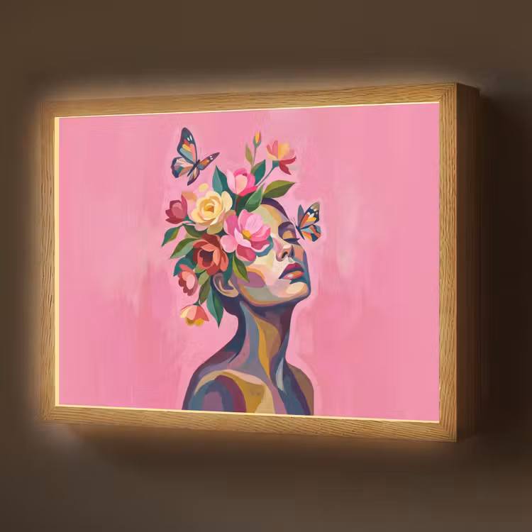 Vrouwengezicht - Vlinders - Kleurrijk Light Box met batterij (Wandlamp) middel -z3d_website