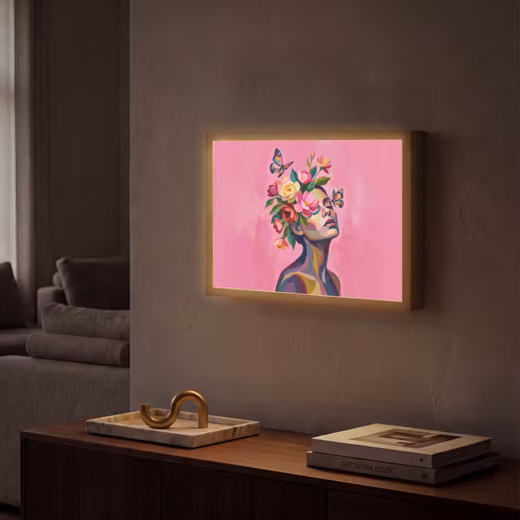 Vrouwengezicht - Vlinders - Kleurrijk Light Box met batterij (Wandlamp) middel -sfeer1