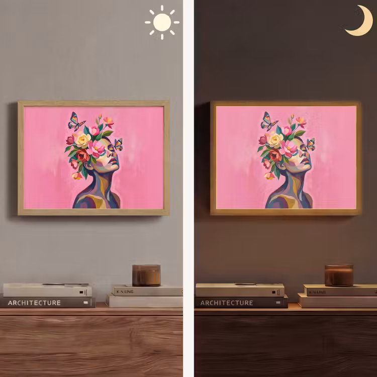 Vrouwengezicht - Vlinders - Kleurrijk Light Box met batterij (Wandlamp) middel -sfeer3