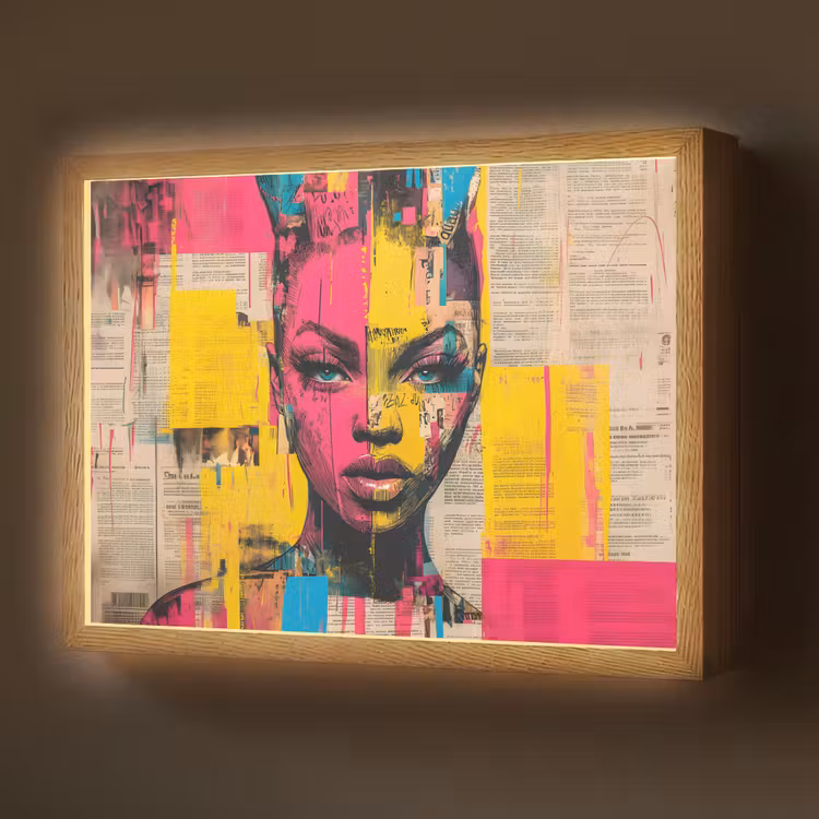 Vrouwengezicht - Krantenpapier - Abstract - Roze Light Box met batterij (Wandlamp) middel -z3d_website