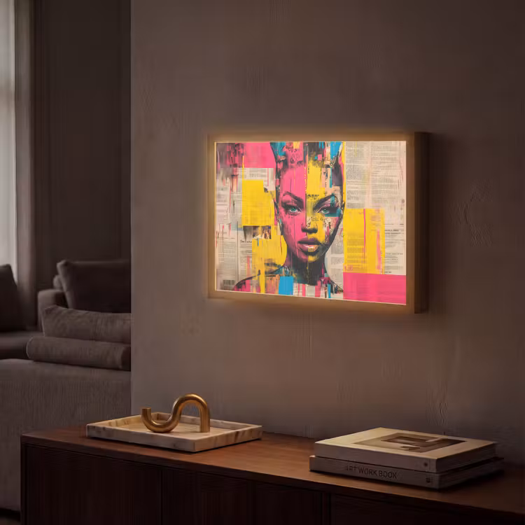 Vrouwengezicht - Krantenpapier - Abstract - Roze Light Box met batterij (Wandlamp) middel -sfeer1