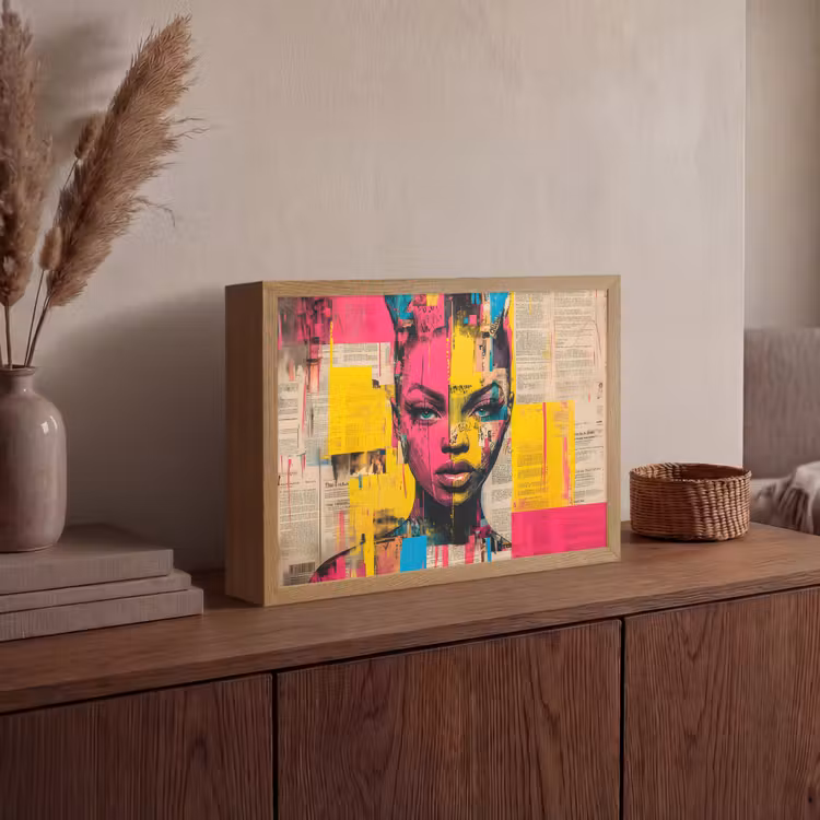 Vrouwengezicht - Krantenpapier - Abstract - Roze Light Box met batterij (Wandlamp) middel -sfeer2