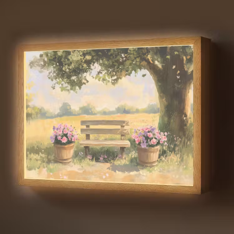 Houten bankje - Bloempotten - Landschap Light Box met batterij (Wandlamp) middel -z3d_website