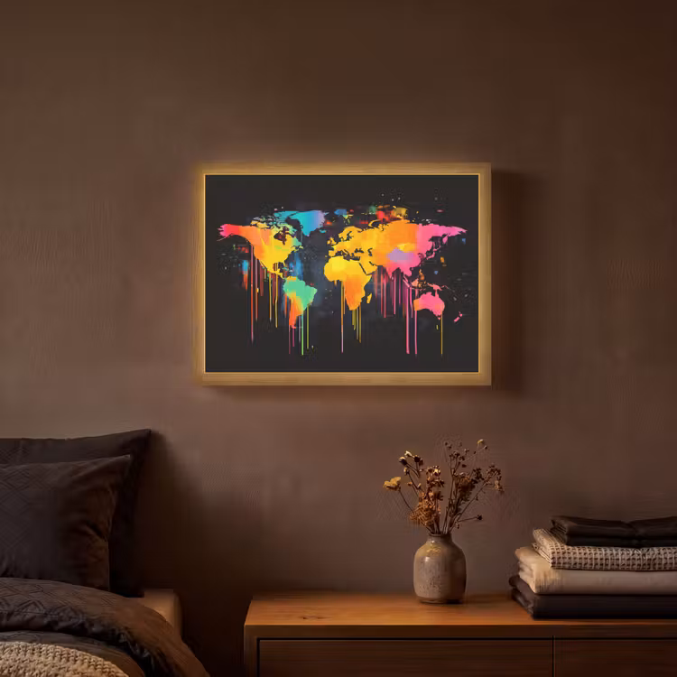 Wereldkaart - Verf - Kleurrijk - Graffiti - Wereld Light Box met batterij (Wandlamp) middel -sfeer4