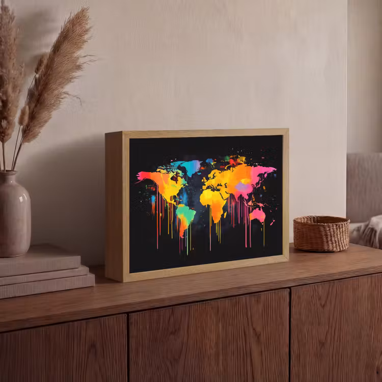 Wereldkaart - Verf - Kleurrijk - Graffiti - Wereld Light Box met batterij (Wandlamp) middel -sfeer2