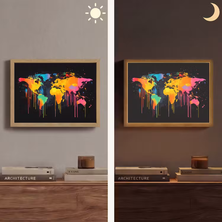 Wereldkaart - Verf - Kleurrijk - Graffiti - Wereld Light Box met batterij (Wandlamp) middel -sfeer3