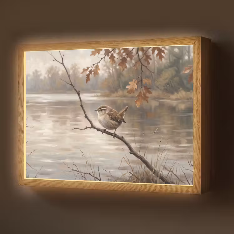 Winterkoninkje - Tak - Rivier - Natuur - Sfeervol Light Box met batterij (Wandlamp) middel -z3d_website