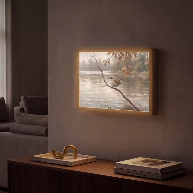 Winterkoninkje - Tak - Rivier - Natuur - Sfeervol Light Box met batterij (Wandlamp) middel -sfeer1