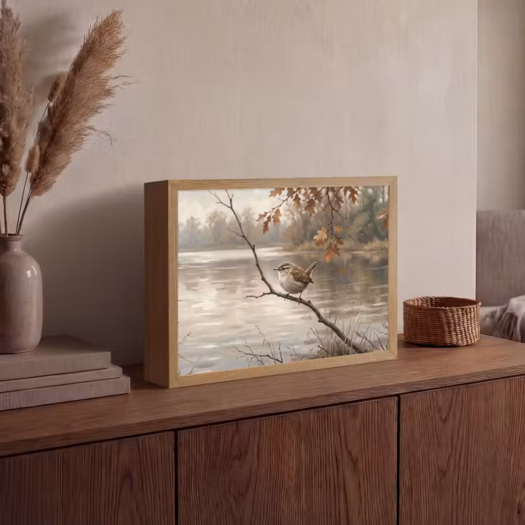 Winterkoninkje - Tak - Rivier - Natuur - Sfeervol Light Box met batterij (Wandlamp) middel -sfeer2