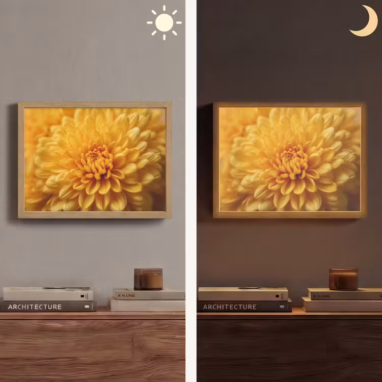 Geel - Chrysant - Zachtheid Light Box met batterij (Wandlamp) middel -sfeer3