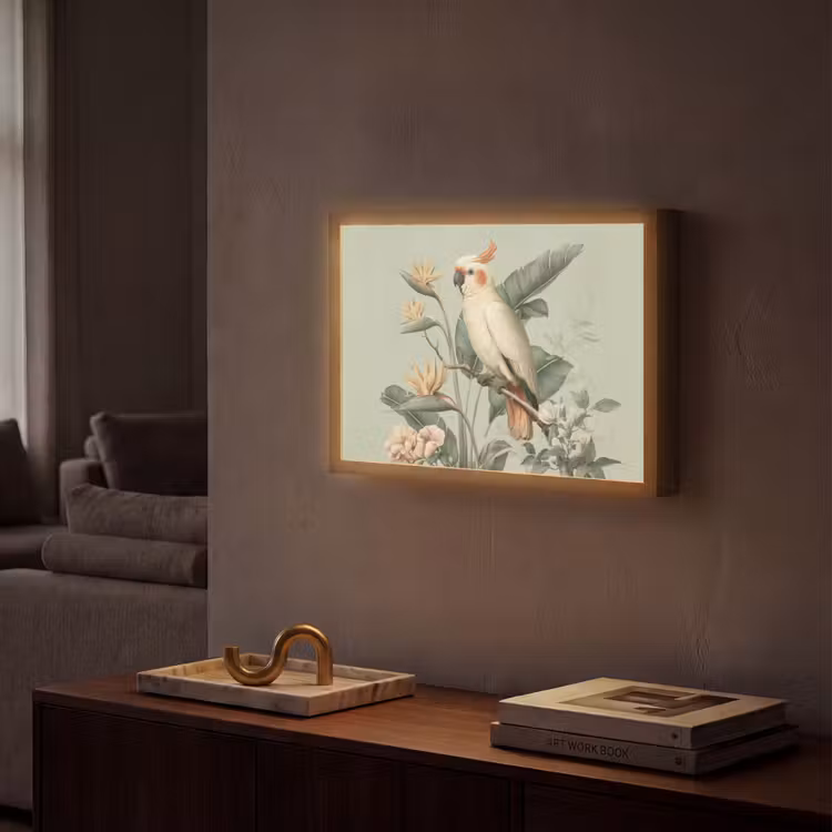 Gele kuifkaketoe - paradijsvogelbloemen - Groen Light Box met batterij (Wandlamp) middel -sfeer1