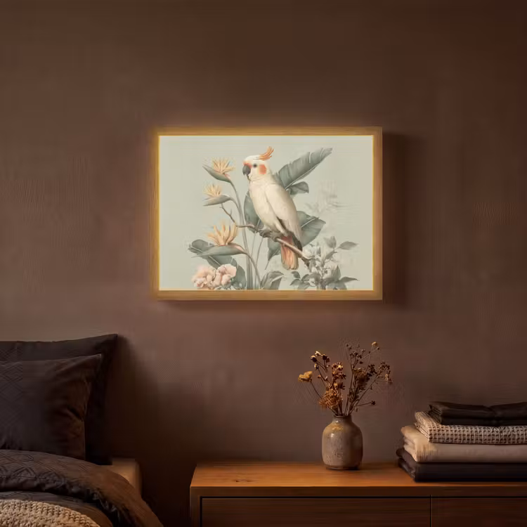 Gele kuifkaketoe - paradijsvogelbloemen - Groen Light Box met batterij (Wandlamp) middel -sfeer4
