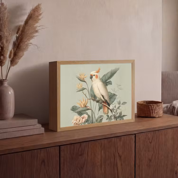 Gele kuifkaketoe - paradijsvogelbloemen - Groen Light Box met batterij (Wandlamp) middel -sfeer2
