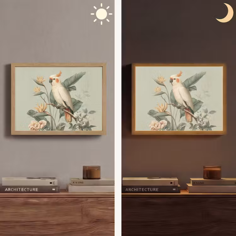 Gele kuifkaketoe - paradijsvogelbloemen - Groen Light Box met batterij (Wandlamp) middel -sfeer3