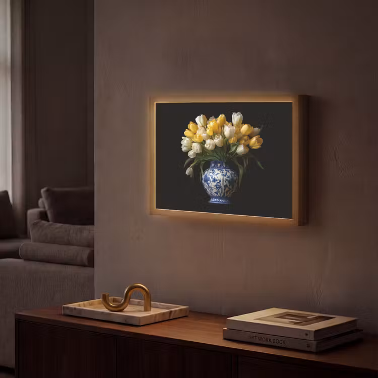 Geel - Tulpen - Vaas - Bloemen Light Box met batterij (Wandlamp) middel -sfeer1