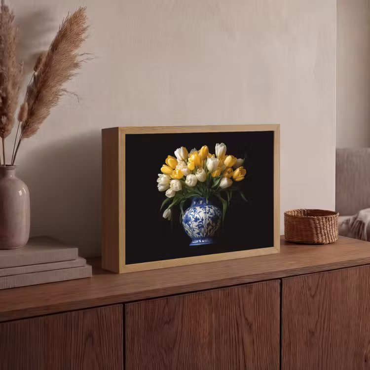 Geel - Tulpen - Vaas - Bloemen Light Box met batterij (Wandlamp) middel -sfeer2