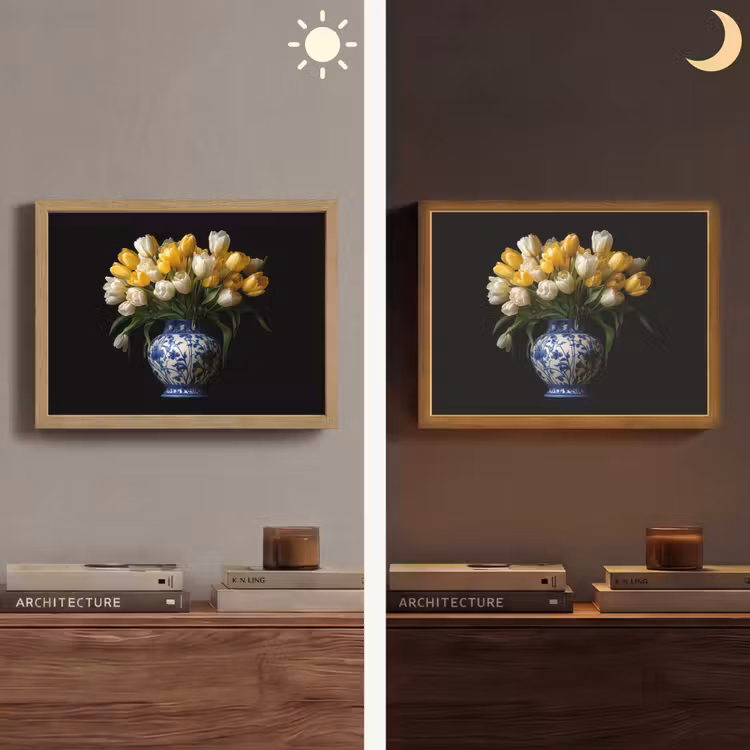 Geel - Tulpen - Vaas - Bloemen Light Box met batterij (Wandlamp) middel -sfeer3