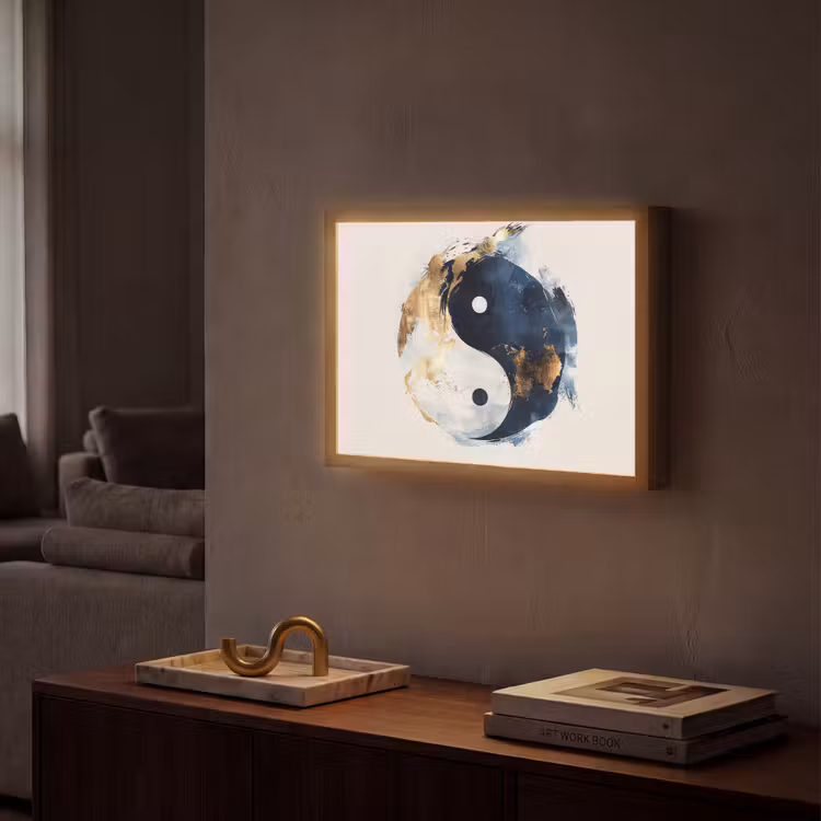 Yin Yang - Abstract - Zwart - Wit - Goud Light Box met batterij (Wandlamp) middel -sfeer1