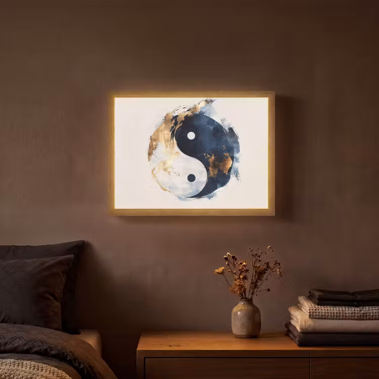 Yin Yang - Abstract - Zwart - Wit - Goud Light Box met batterij (Wandlamp) middel -sfeer4