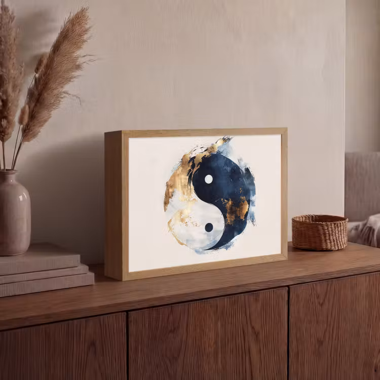 Yin Yang - Abstract - Zwart - Wit - Goud Light Box met batterij (Wandlamp) middel -sfeer2