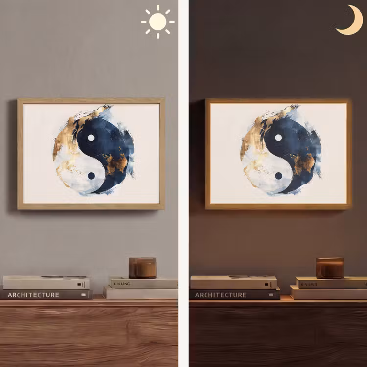 Yin Yang - Abstract - Zwart - Wit - Goud Light Box met batterij (Wandlamp) middel -sfeer3