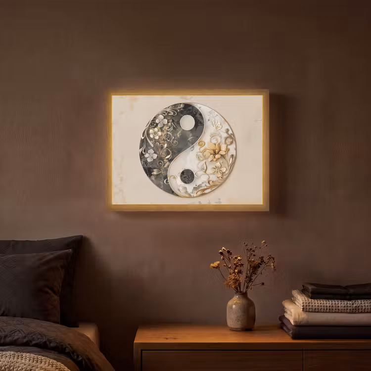 Yin Yang - Bloemen - Zwart - Wit - Vintage Light Box met batterij (Wandlamp) middel -sfeer4