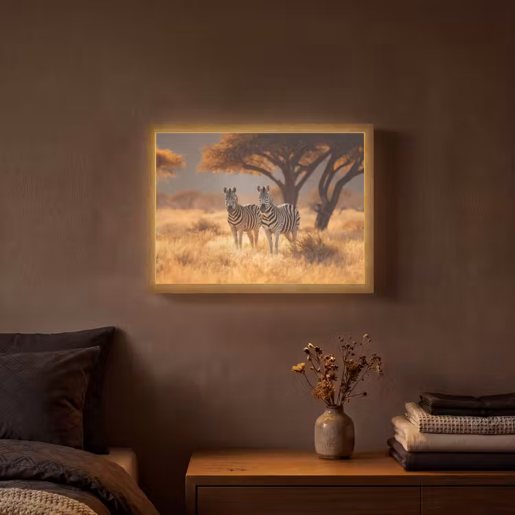 Zebra's - Savannelandschap - Gras Light Box met batterij (Wandlamp) middel -sfeer4