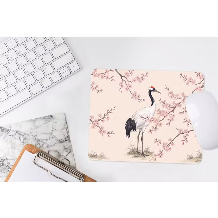 Aziatisch - Kraanvogel - Beige muismat rubber klein -witbureau