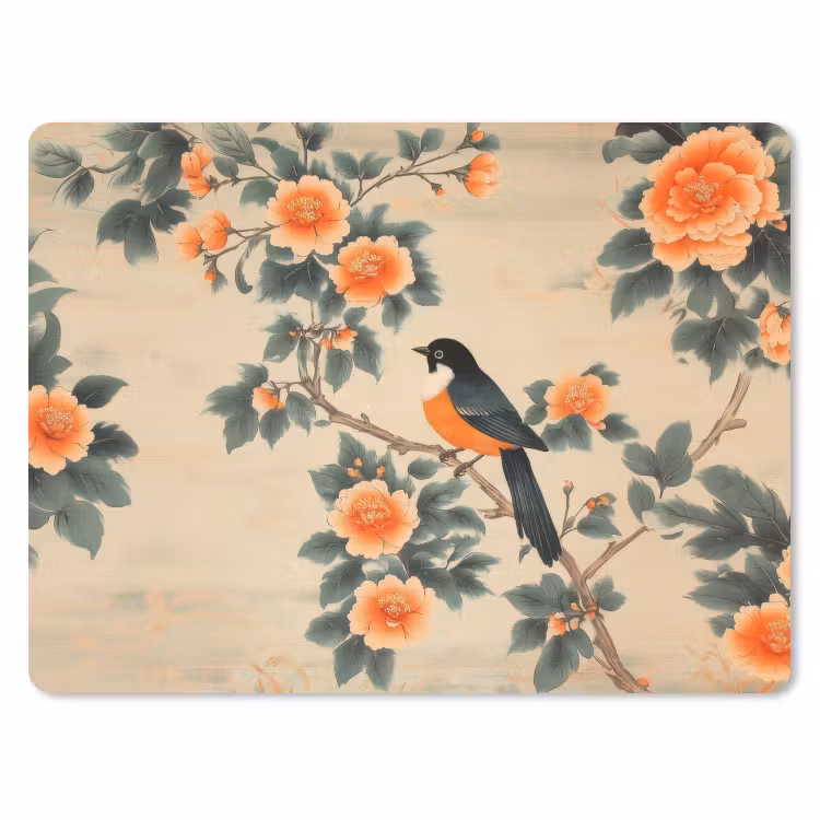 Vogel - Tak - Bloemen - Oranje muismat rubber klein -3d