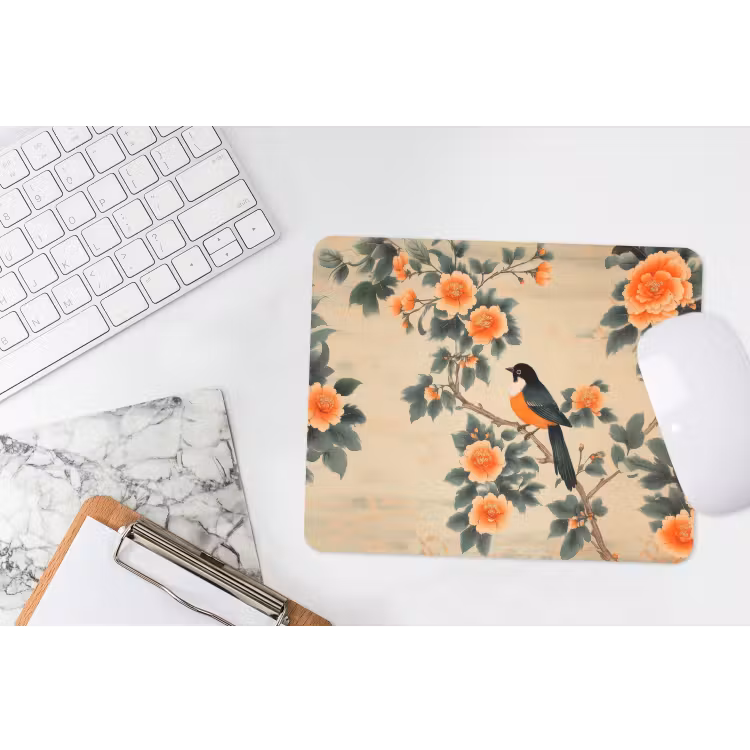 Vogel - Tak - Bloemen - Oranje muismat rubber klein -witbureau