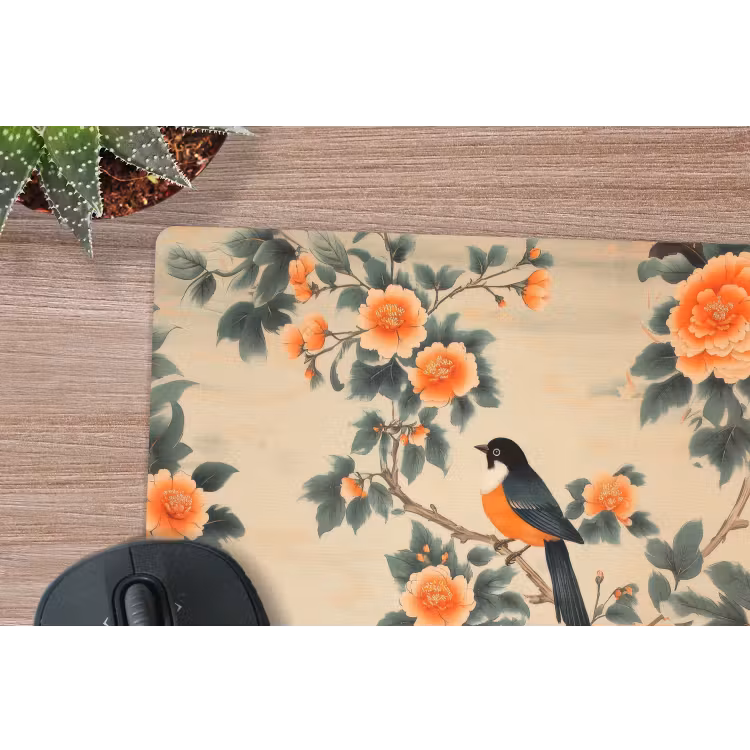 Vogel - Tak - Bloemen - Oranje muismat rubber klein -closeup