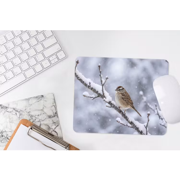 Vogel - Tak - Sneeuw - Winter muismat rubber klein -witbureau