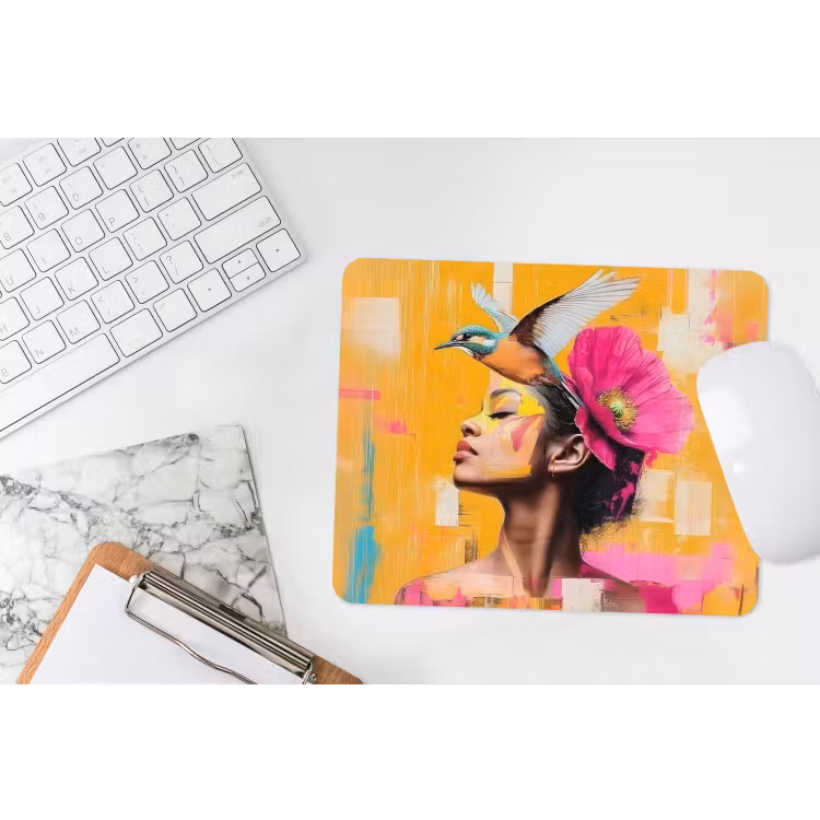 Vogel - Vrouw - Abstract - Bloem muismat rubber klein -witbureau