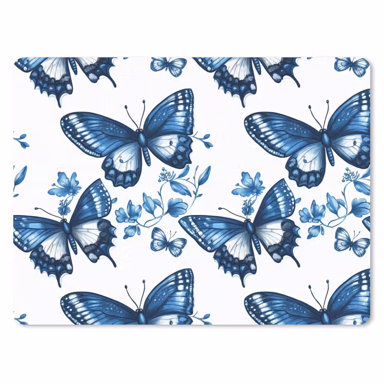 Blauw - Vlinders - Bloemen - Wit muismat rubber klein 262 -3d