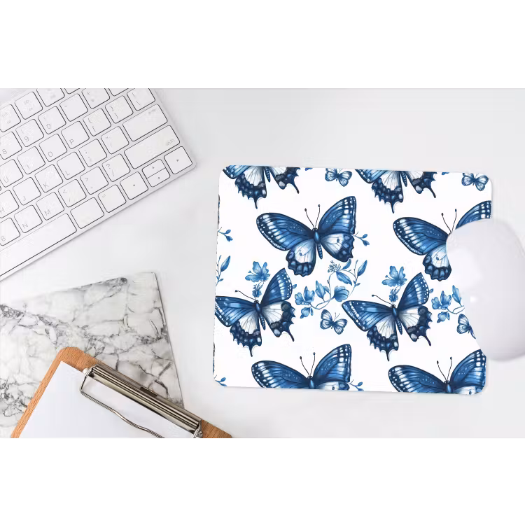 Blauw - Vlinders - Bloemen - Wit muismat rubber klein 262 -witbureau
