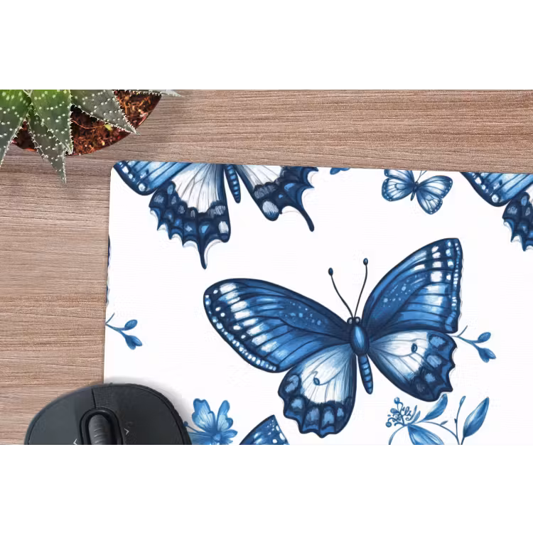 Blauw - Vlinders - Bloemen - Wit muismat rubber klein 262 -closeup
