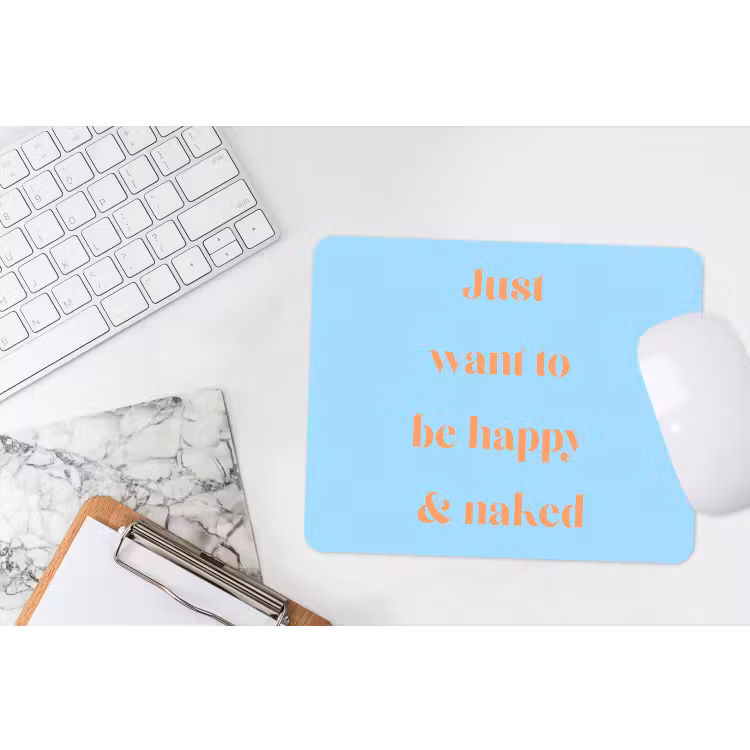 Blauw - Oranje - Just want to be happy & naked muismat rubber klein -witbureau