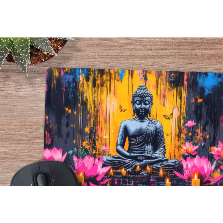Buddha - Bloemen - Kaarsen - Geel muismat rubber klein -closeup