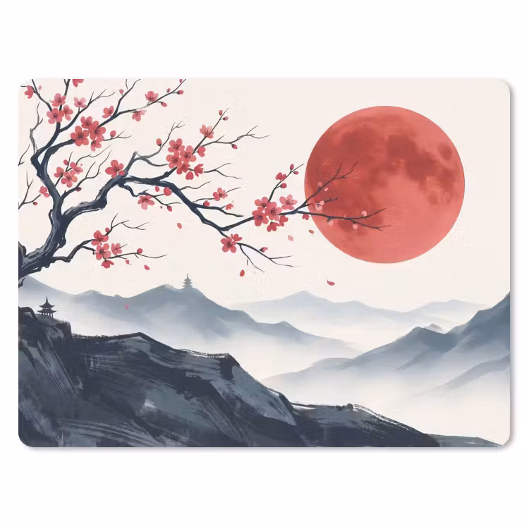 Kersenbloesem - Oosters - Rood muismat rubber klein -3d