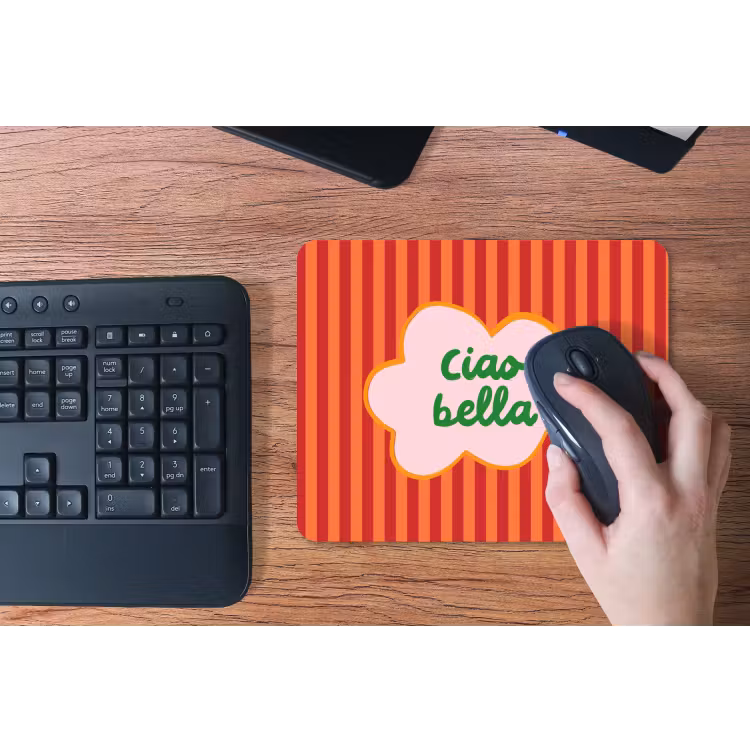 Ciao bella - Tekstwolk - Strepen - Oranje muismat rubber klein -toetsenbord