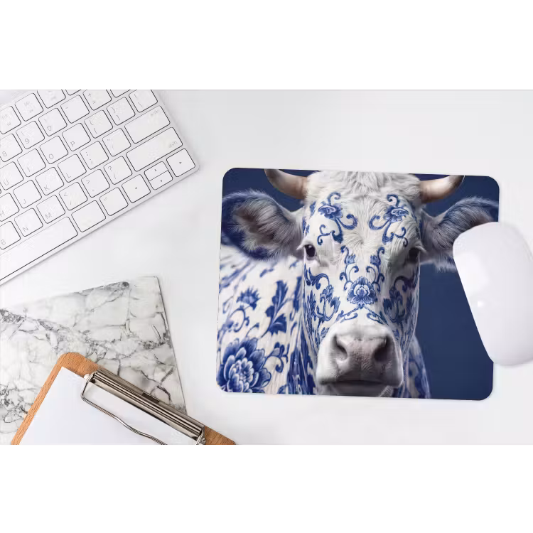 Koe - Delfts - Blauw - Artistiek muismat rubber klein -witbureau