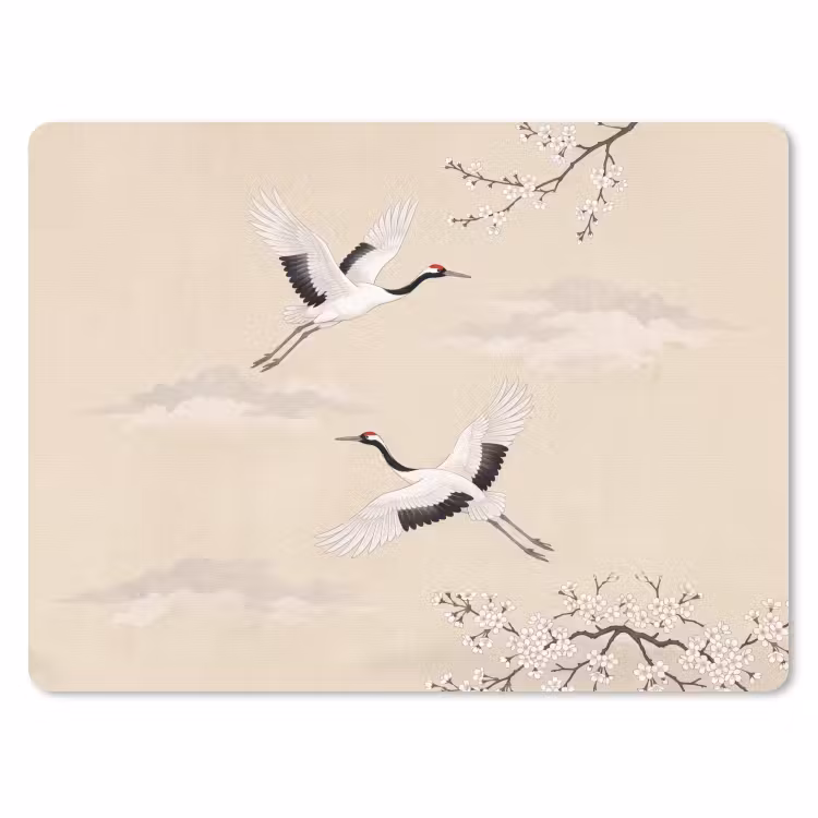 Kraanvogels - Bloesem - Beige muismat rubber klein -3d